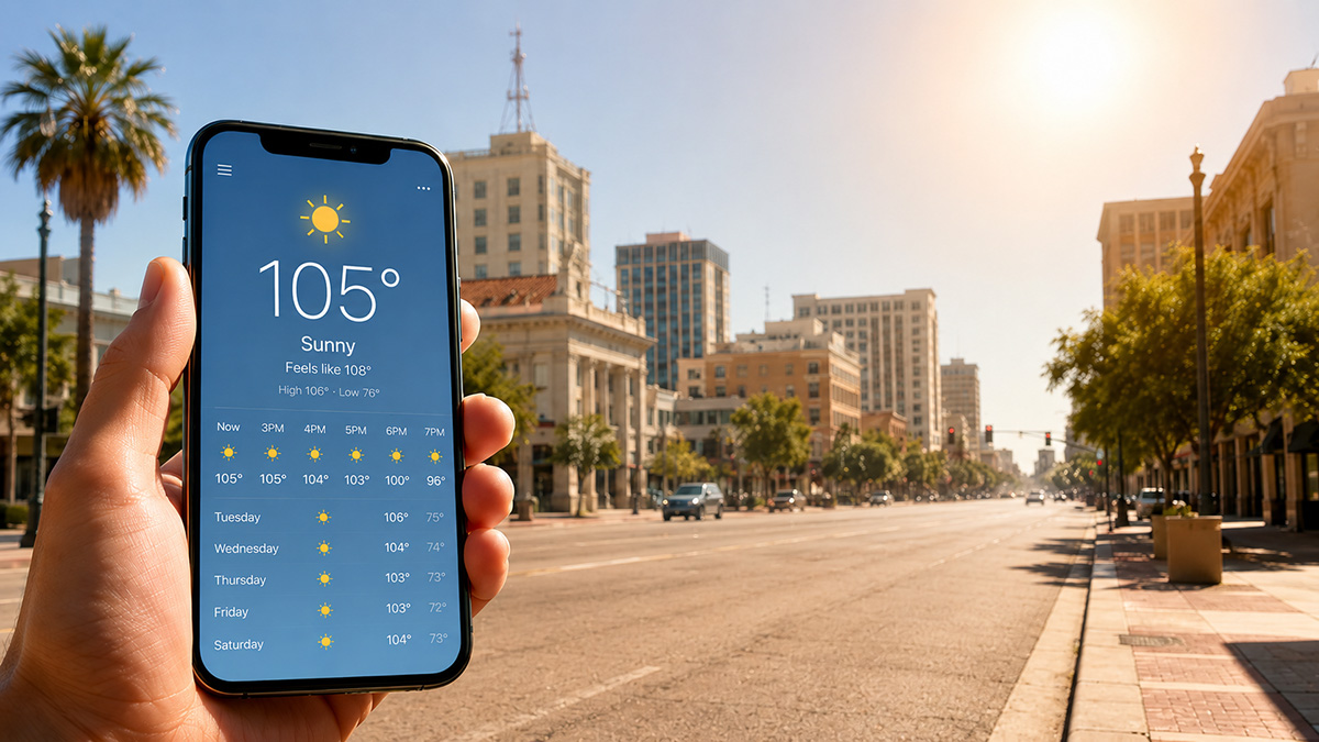 Phone showing 105 degrees on a hot Fresno County street