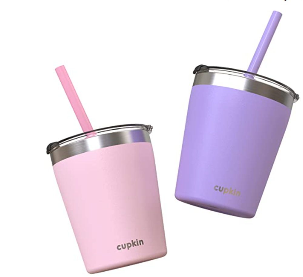 Two pastel-colored, insulated cups with lids and straws are shown. One is pink with a pink straw, and the other is purple with a purple straw.