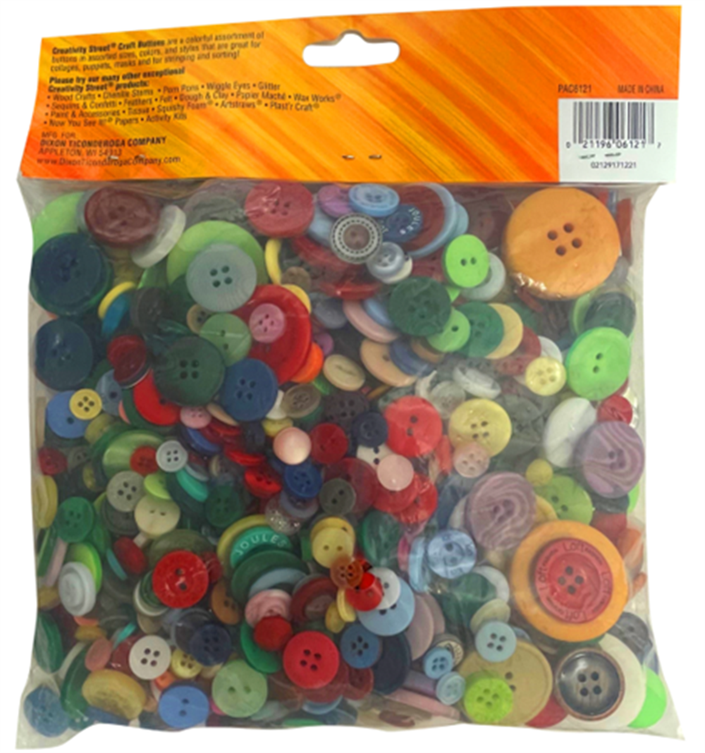 A clear plastic bag filled with assorted colorful buttons of various sizes and shapes. The buttons are vibrant, creating a playful, crafty tone.