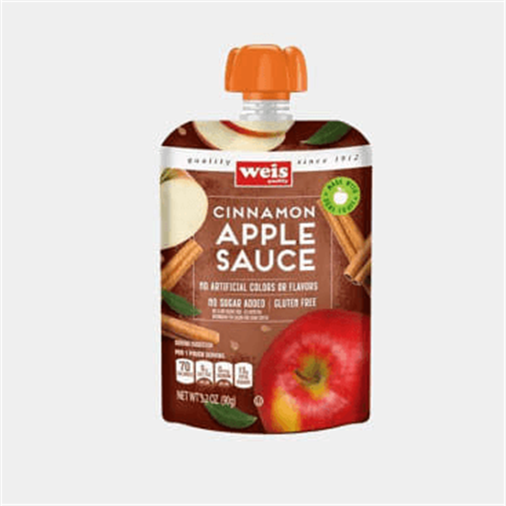 Pouch of Weis Cinnamon Apple Sauce with a bright orange cap. Features an apple, cinnamon sticks, gluten-free label, and clean, natural design.
