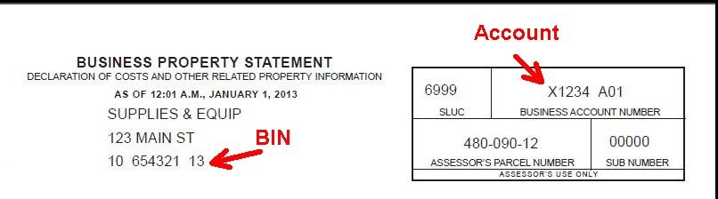 Sample of property statement showing where the Account and BIN numbers are printed