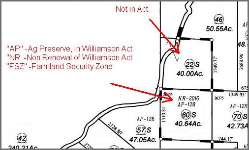 Example parcel map showing notations of property in the Williamson Act