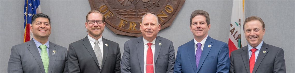 The 2025 Fresno County Board of Supervisors: Luis Chavez (District 3), Nathan Magsig (District 5), Buddy Mendes (2025 Chairman, District 2), Brian Pacheco (District 1), Garry Bredefeld (Vice Chaiman, District 2)