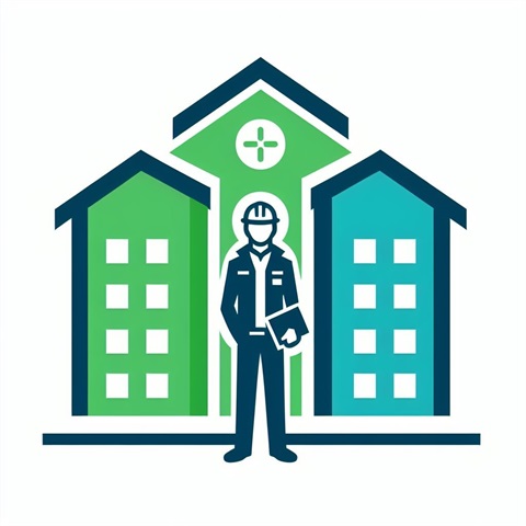 Green and blue image of an inspector standing in front of 3 buildings. 