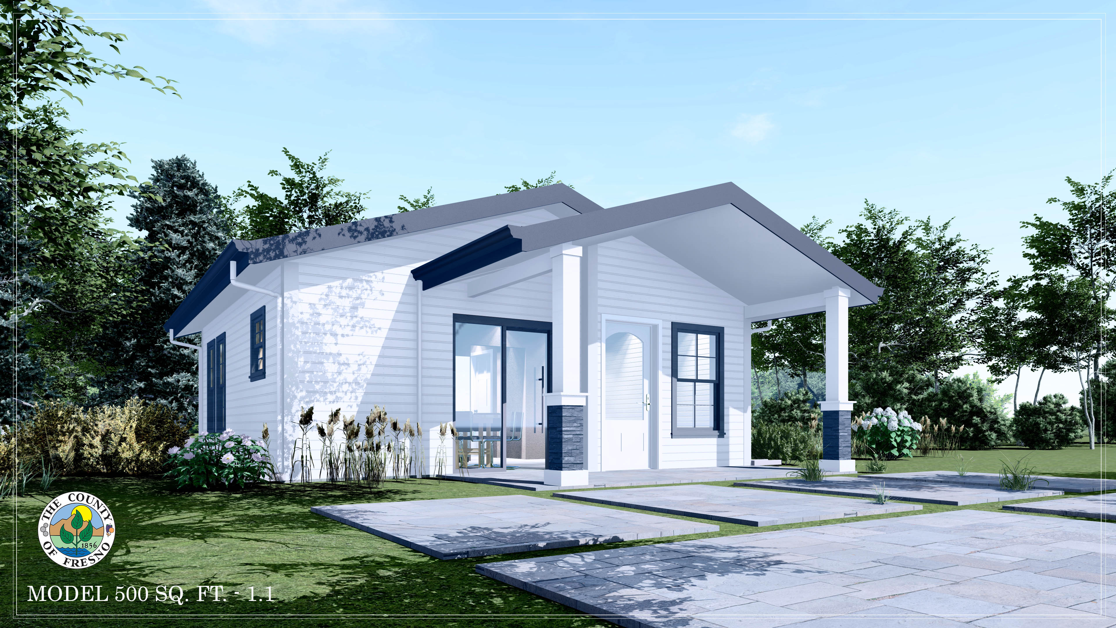 A rendering of the 500 sq ft ADU plan option one, shown from an angle.