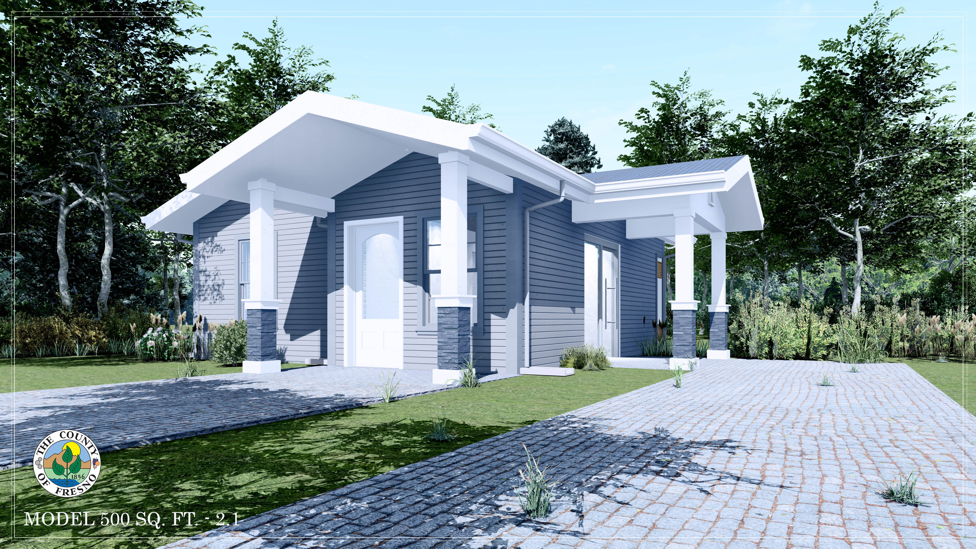 A rendering of the 500 sq ft ADU plan option two, shown from an angle.