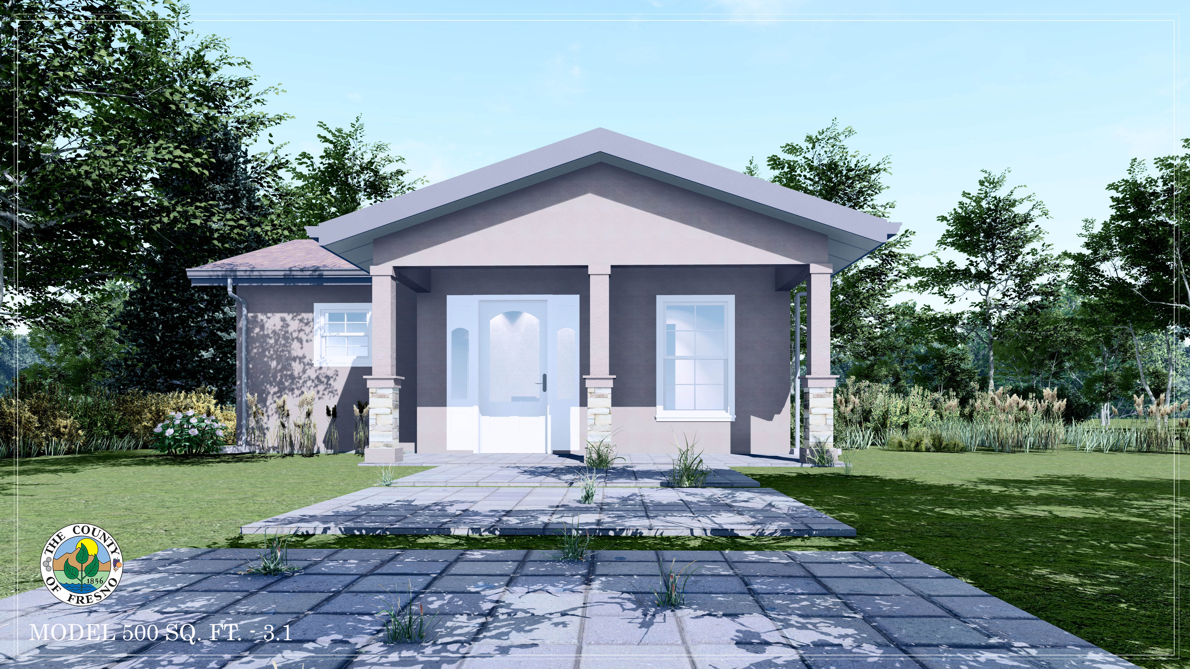 A rendering of the 500 sq ft ADU plan option three, shown from an angle.