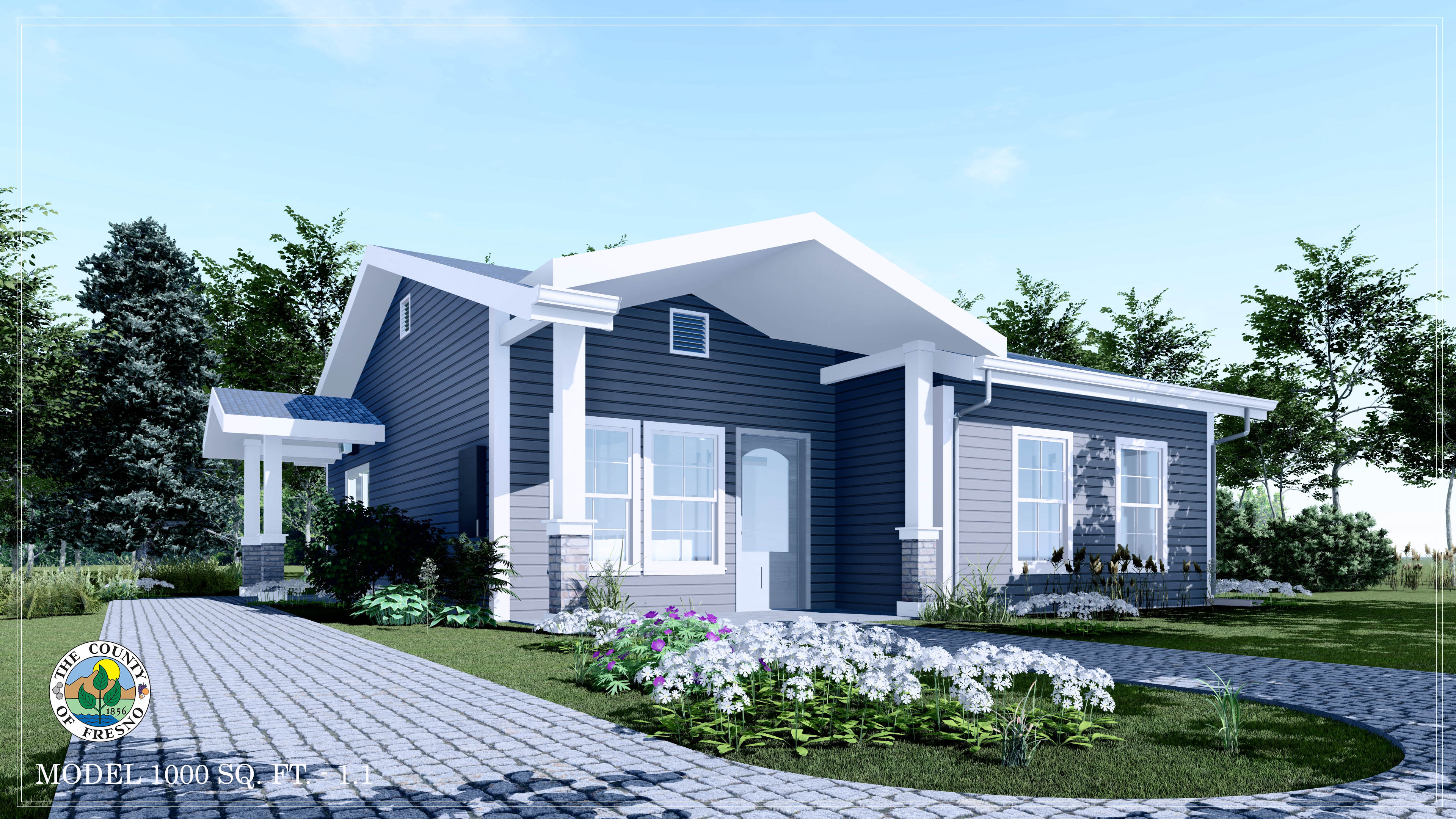 A rendering of the 1000 sq ft ADU plan option one, shown from an angle.
