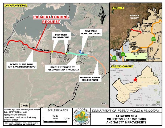 Location map of the Millerton Road Widening project showing its location within the context of Fresno County and the limits of the project.