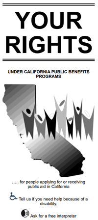 Front page of the Know Your Rights Under California Law Pamphlet front cover with a picture of the state of California and stylized people in front of it