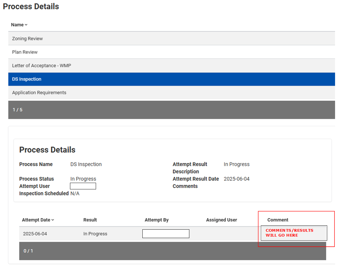 Screenshot of the DS Inspections process details showing where inspection results will be.
