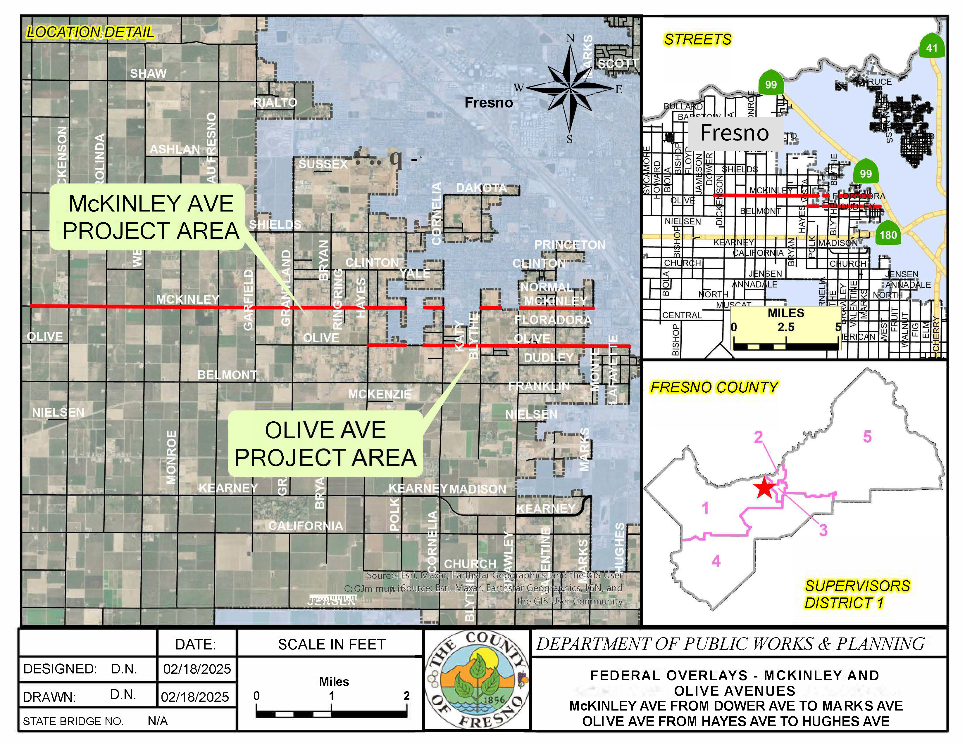 Map of McKinley Avenue and Olive Avenue project areas at street level in district 1 in Fresno County